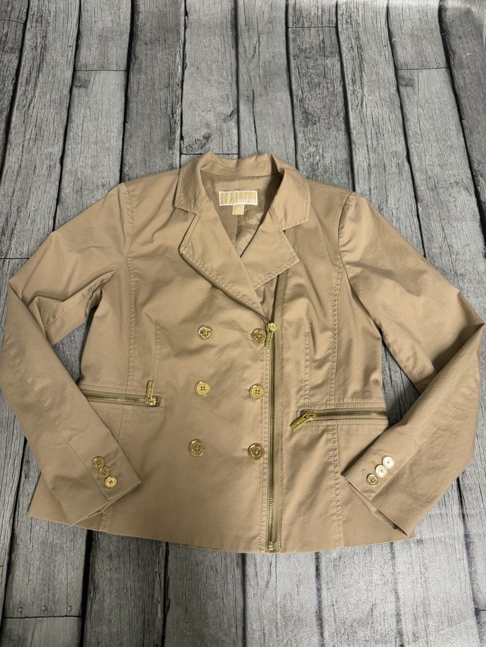 Women’s Michael Kors short trench-style moto Jacket Khaki Tan Sz 8